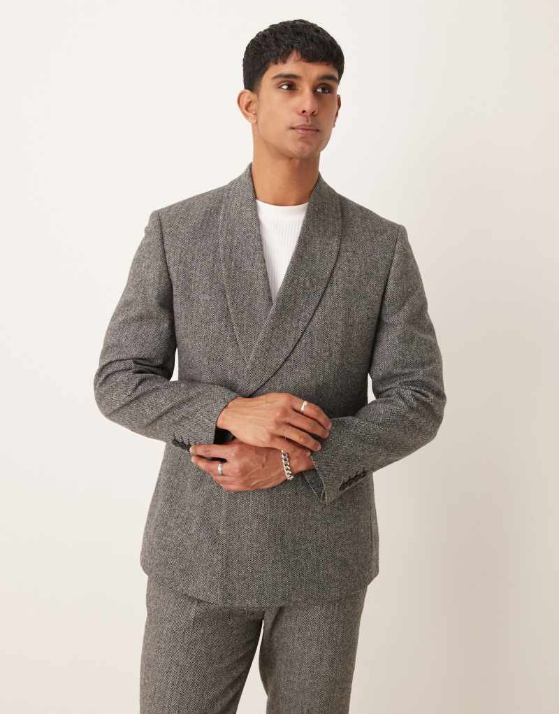 ASOS DESIGN slim suit jacket in gray herringbone with deep wrap Asos Design