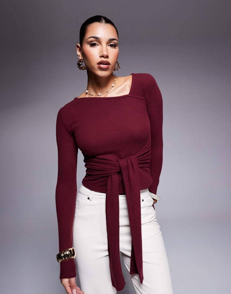 ASOS DESIGN brushed asymmetric neck long sleeve top with tie waist detail in burgundy Asos Design