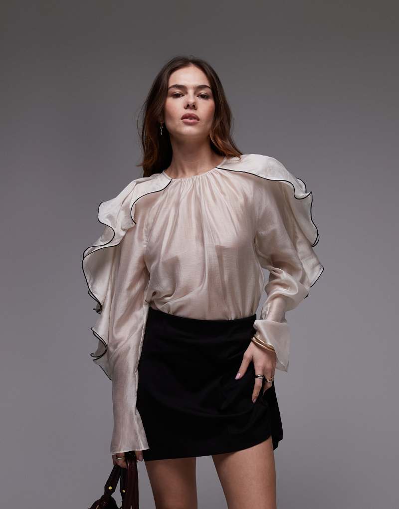 & Other Stories blouse with ruffle sleeves and bow back in light beige  & Other Stories