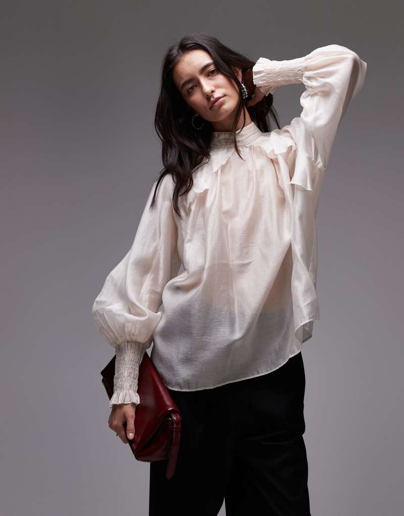 & Other Stories sheer volume blouse with frill detail in white & Other Stories