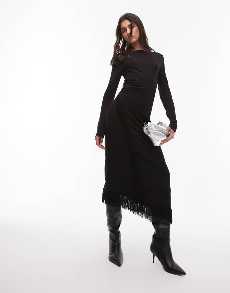 & Other Stories midaxi dress with fringe wrap asymmetric hem in black & Other Stories