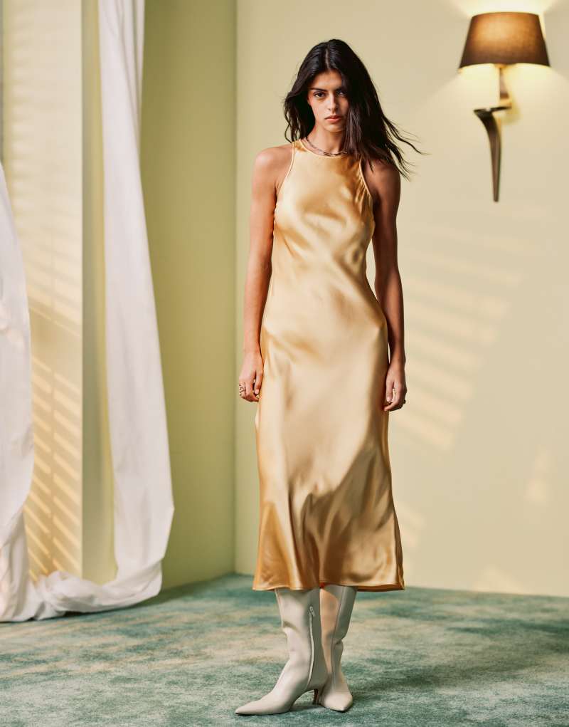 & Other Stories bias cut satin midi dress in yellow & Other Stories