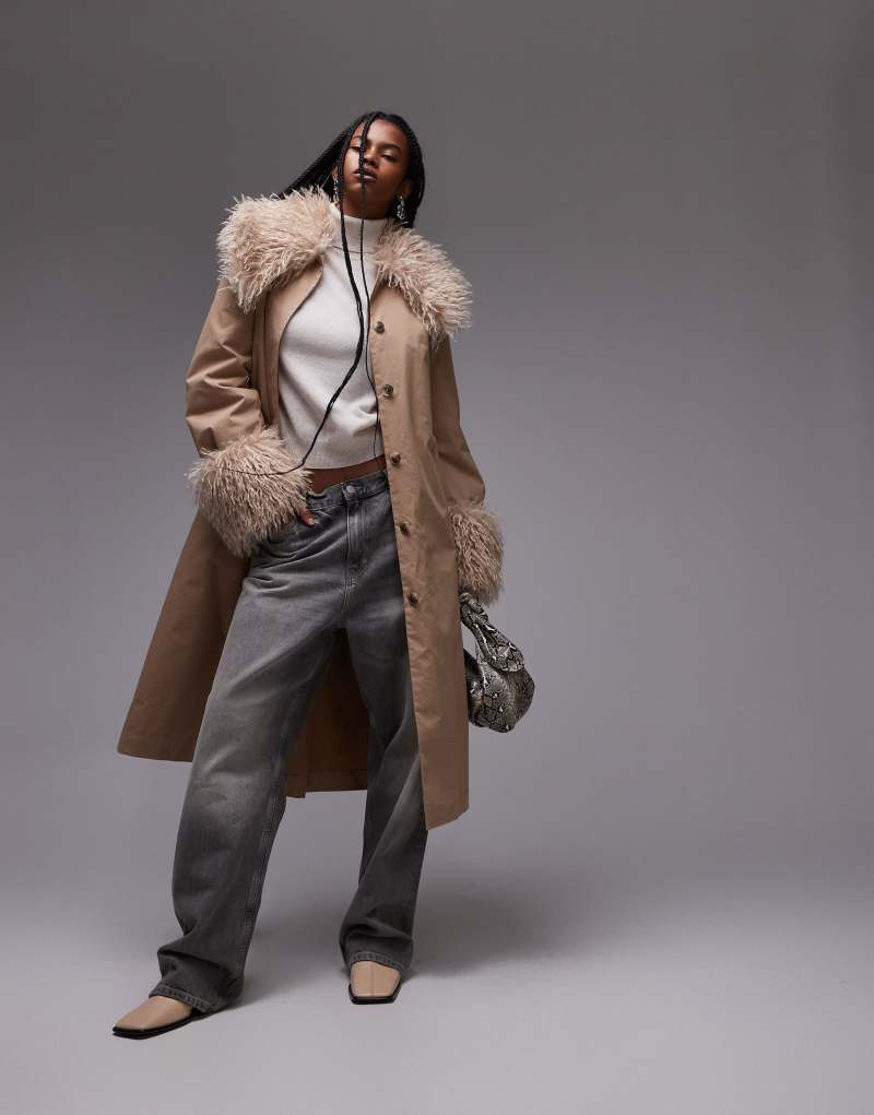 & Other Stories belted midi coat in dark beige with detachable faux fur collar and cuffs & Other Stories