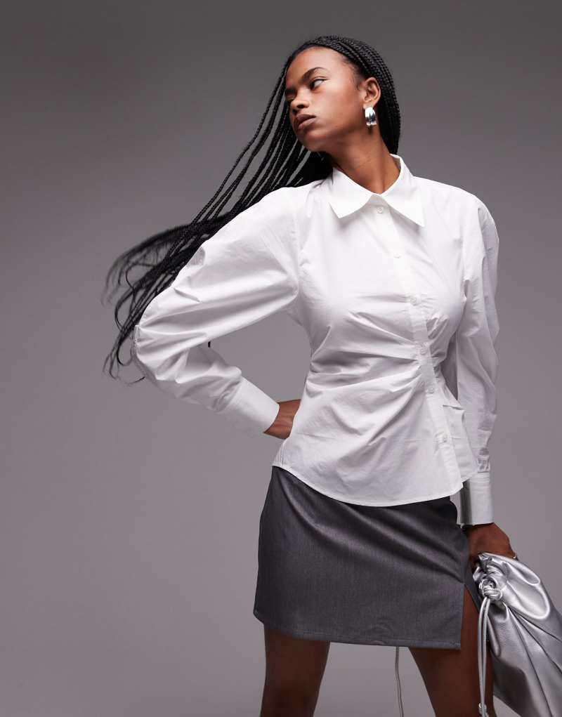 & Other Stories shirt with asymmetric button front with volume sleeves in white & Other Stories