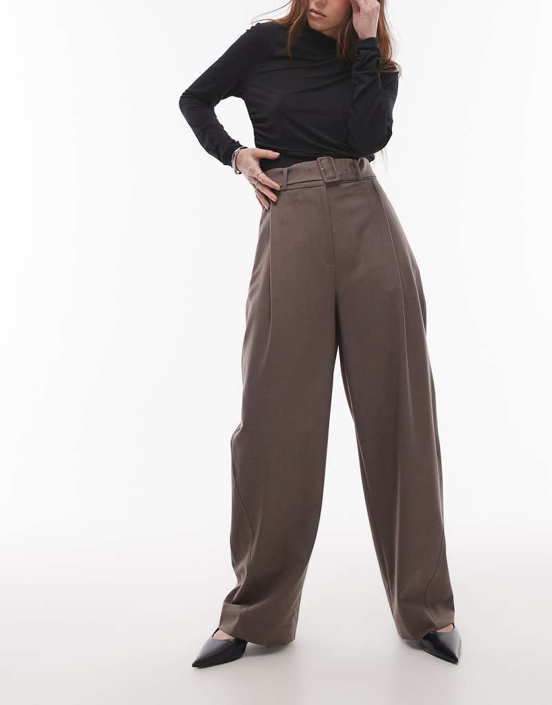 & Other Stories wool blend tailored pants with barrel leg in dark mole & Other Stories