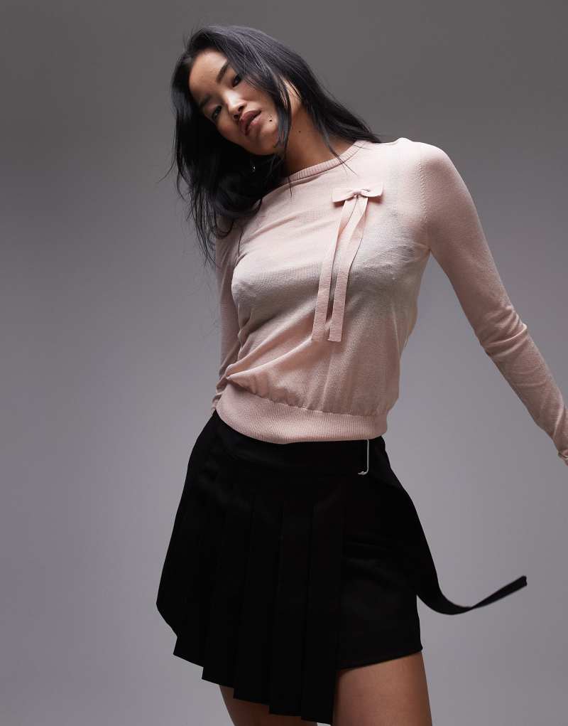 & Other Stories sheer fine knit sweater with bow detail in pink & Other Stories