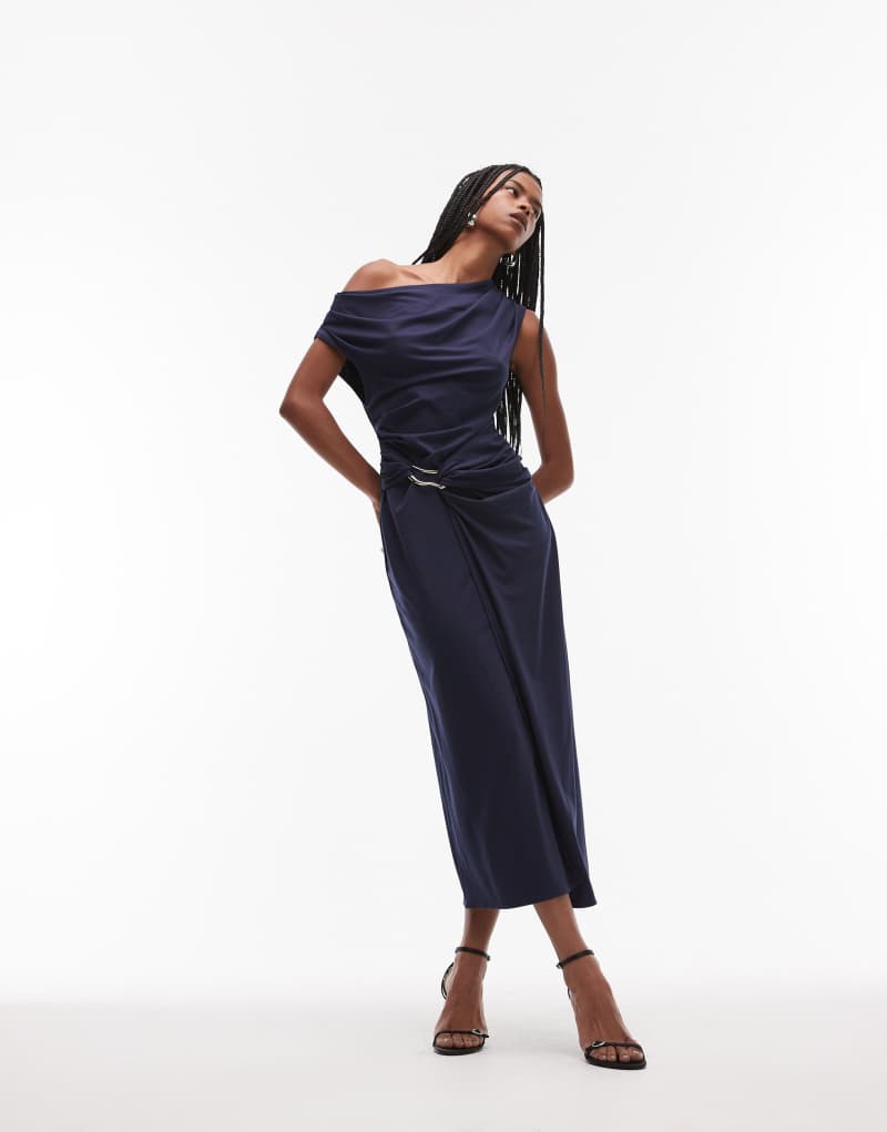 & Other Stories jersey midi dress with drape wrap clasp and asymmetric off shoulder in dark blue & Other Stories