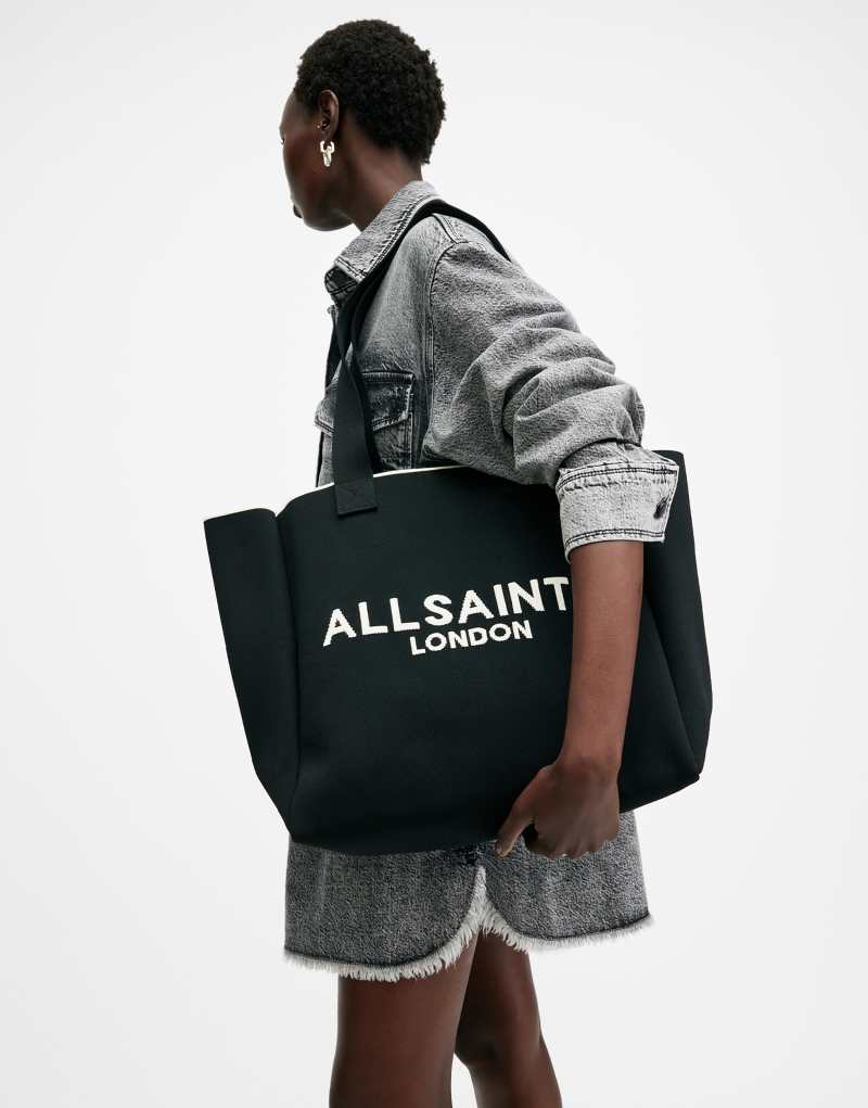 AllSaints Izzy medium knit tote bag in black AllSaints