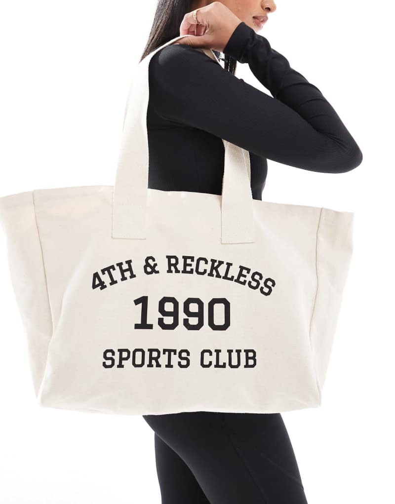 4th & Reckless sports club logo tote bag in cream 4Th & Reckless