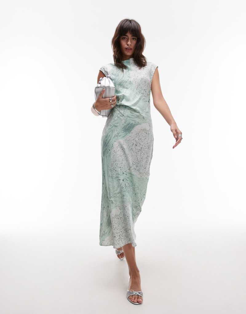 & Other Stories bias cut satin midi dress with drape detail in green oil print & Other Stories