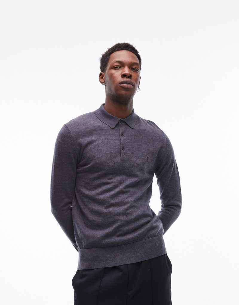 AllSaints Mode Merino long sleeve polo shirt in blue AllSaints