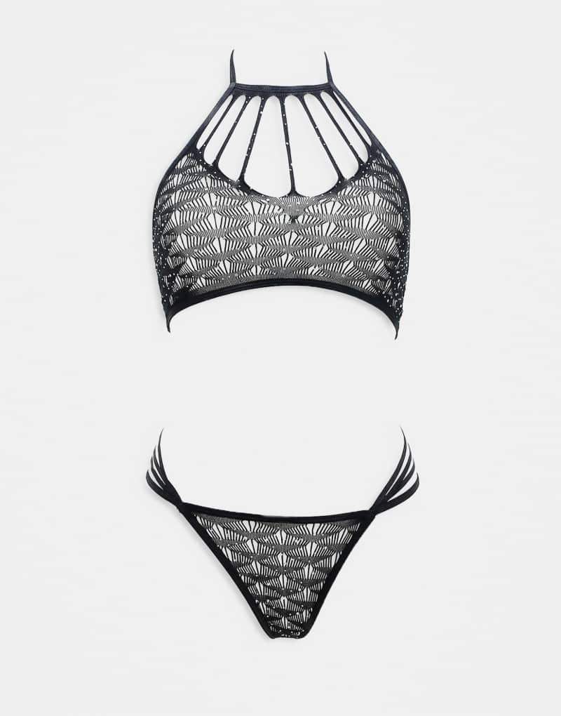 Ann Summers Roxie lace and strap detail crotchless set in black Ann Summers