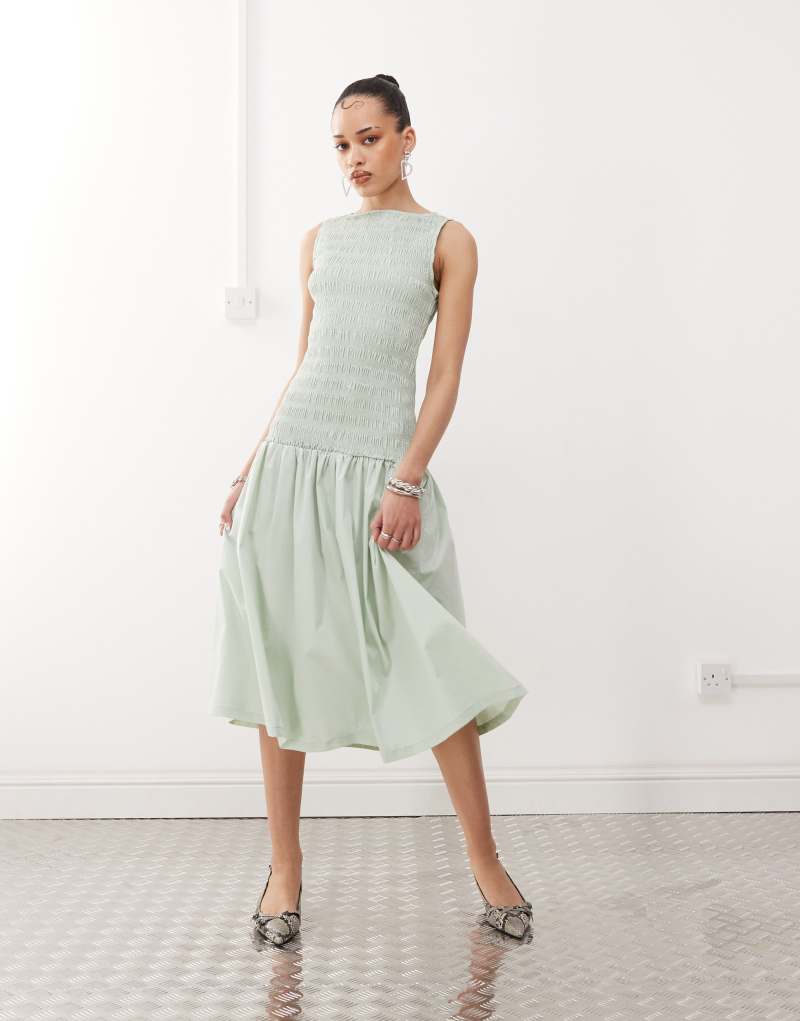 Amy Lynn shirred drop waist midi dress in mint green Amy Lynn