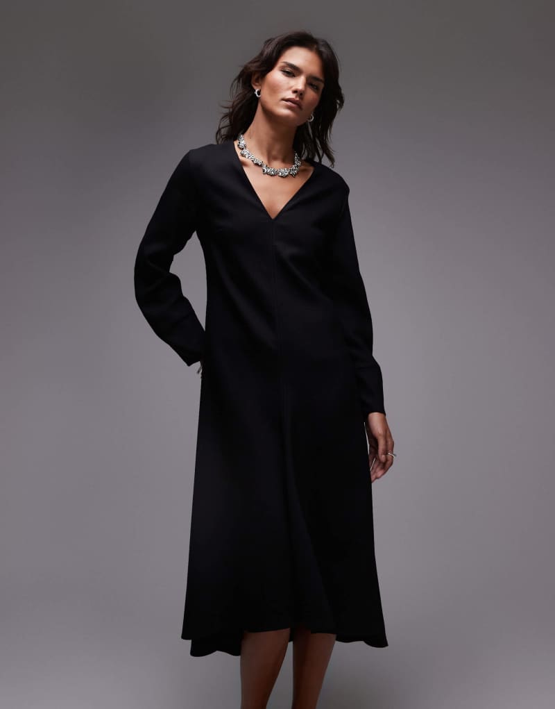 ARKET wool mix maxi dress with v-neck and high low hem in black Arket