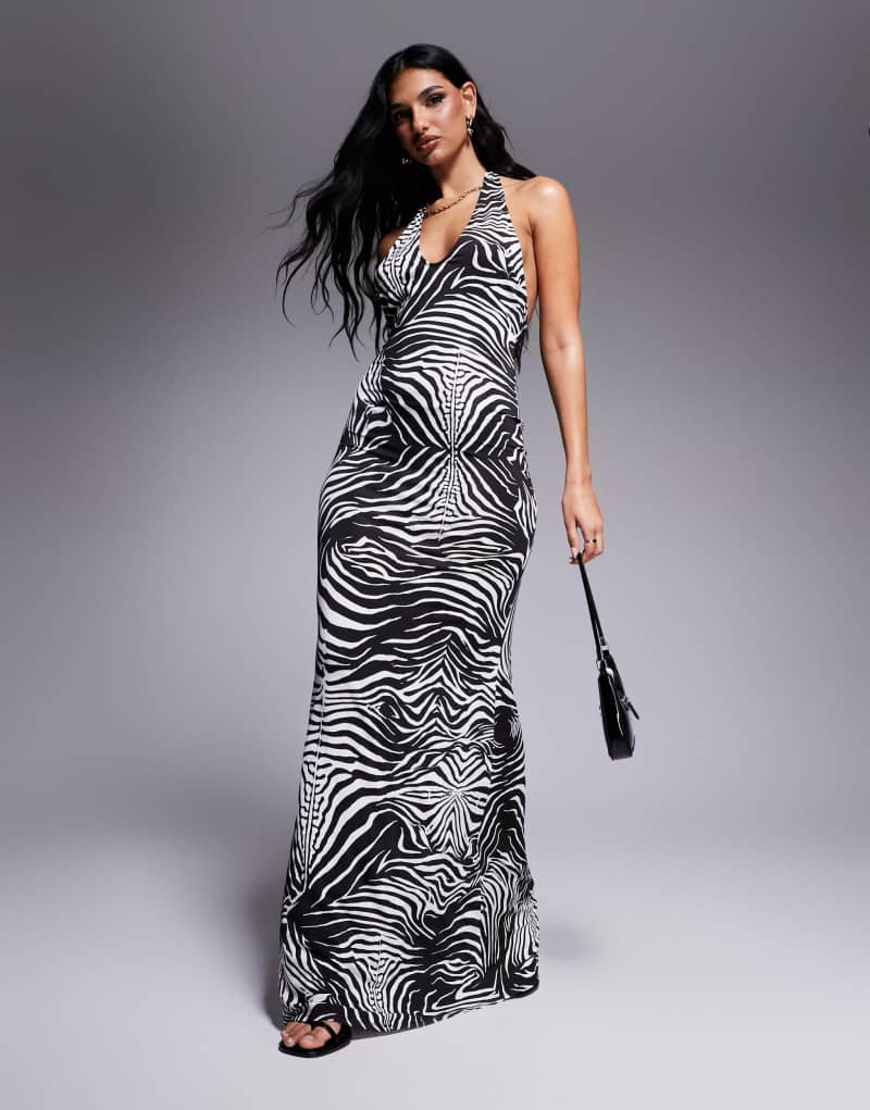 AFRM rue halter maxi dress in shiny knit in zebra swirl  Afrm