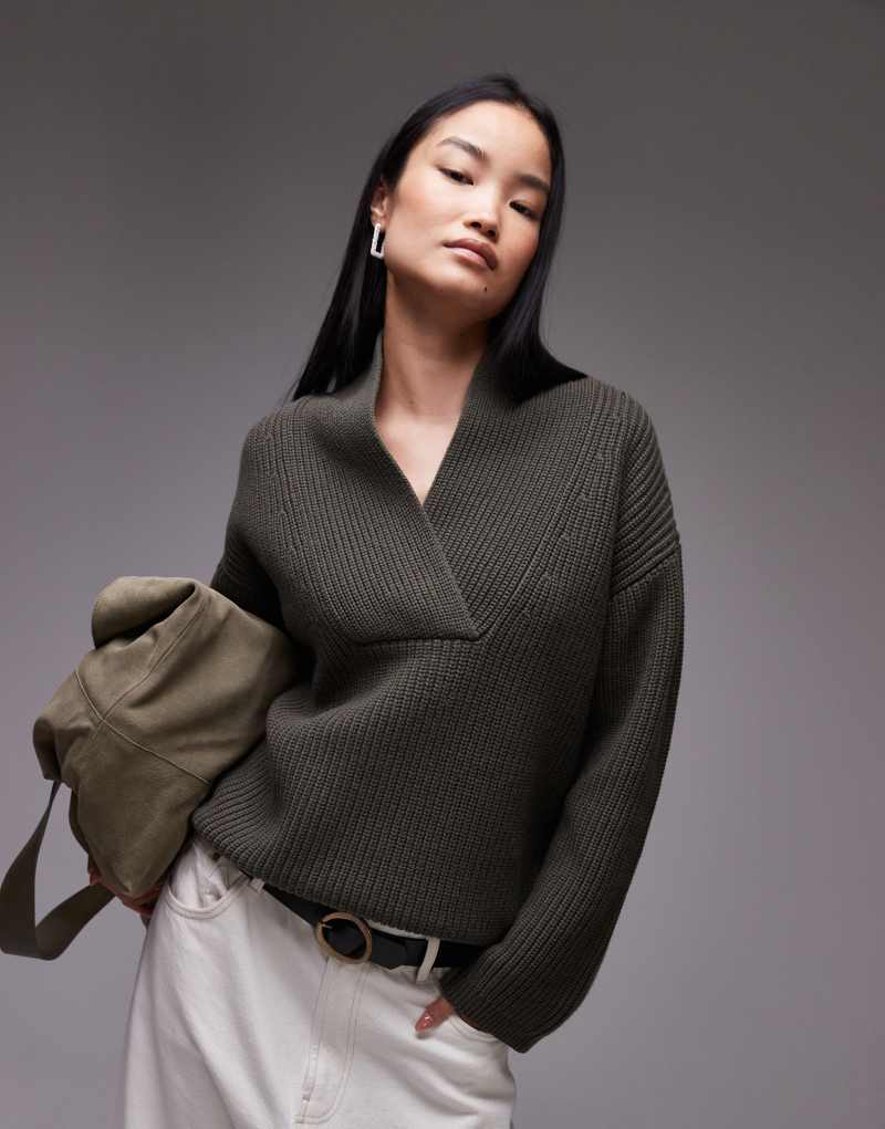 ARKET wool blend rib oversized sweater with shawl collar in khaki green Arket