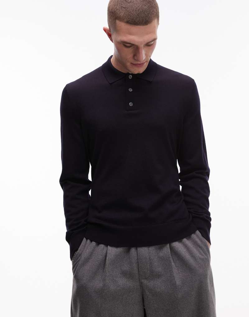 ARKET merino wool heavyweight long sleeve polo shirt in black Arket