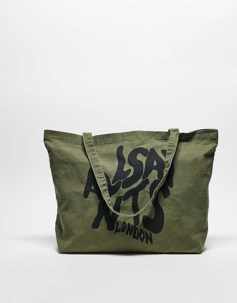 AllSaints Orlando logo tote bag in khaki AllSaints