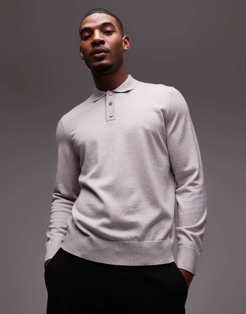 ARKET merino wool knit long sleeve polo shirt in off-white Arket