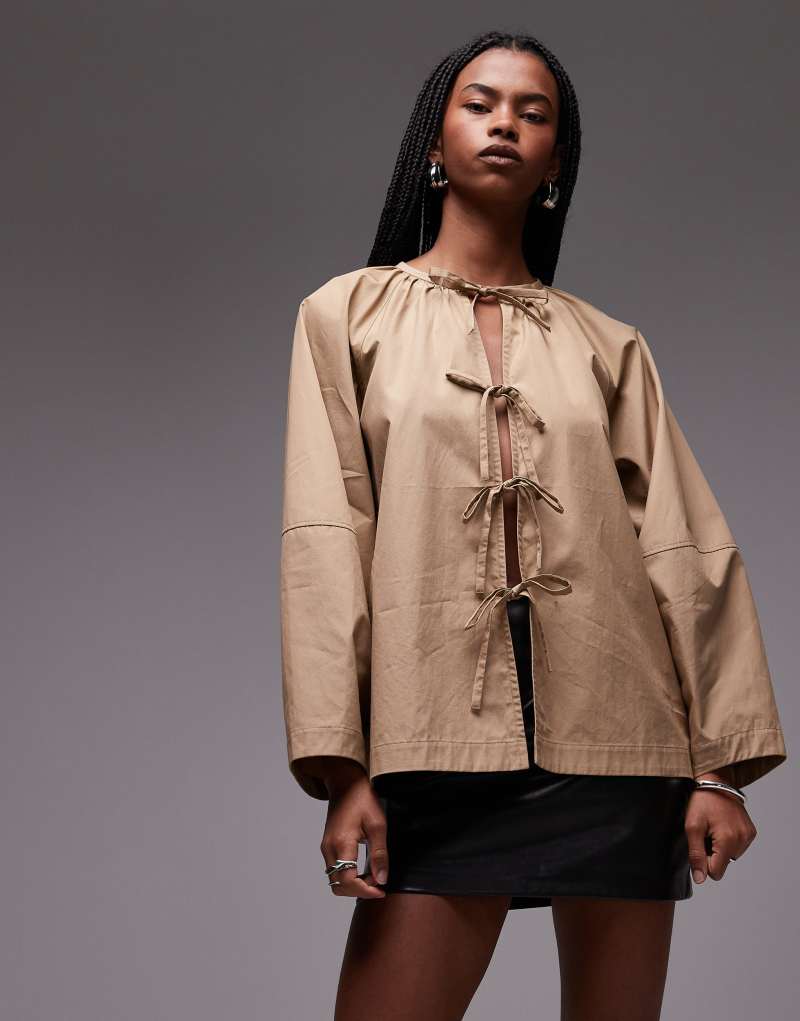 ARKET oversized blouse with bow front detail in brown Arket