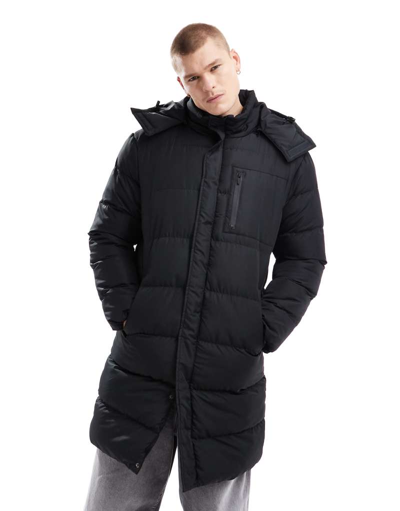 Brave Soul longline puffer jacket with detachable hood in black Brave Soul