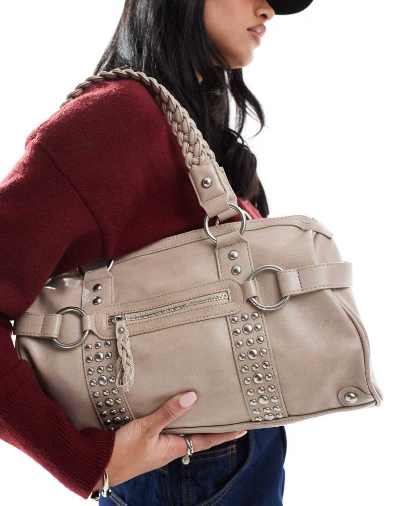 Bershka city bag with stud detail in beige Bershka