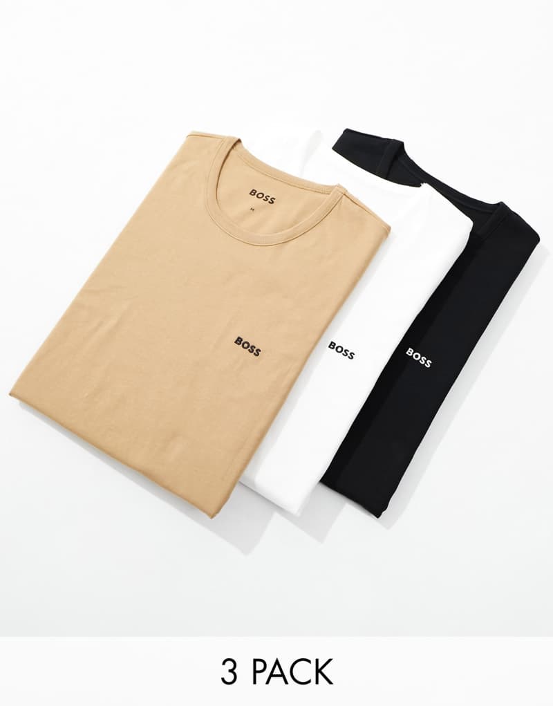 Boss Bodywear 3 pack logo T-shirts in white, khaki and black Boss