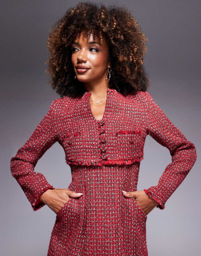 Bardot bouncle tweed cropped jacket in red - part of a set Bardot