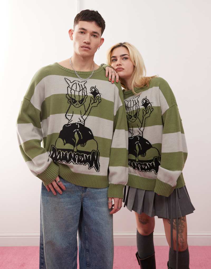 COLLUSION Unisex oversized stripe graphic sweater in green Collusion