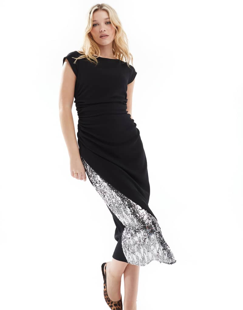 French Connection jersey midi dress with sequin insert in silver French Connection