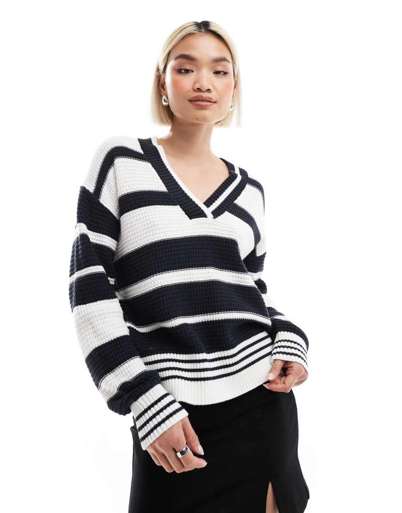 French Connection v-neck striped varsity sweater in white and navy French Connection