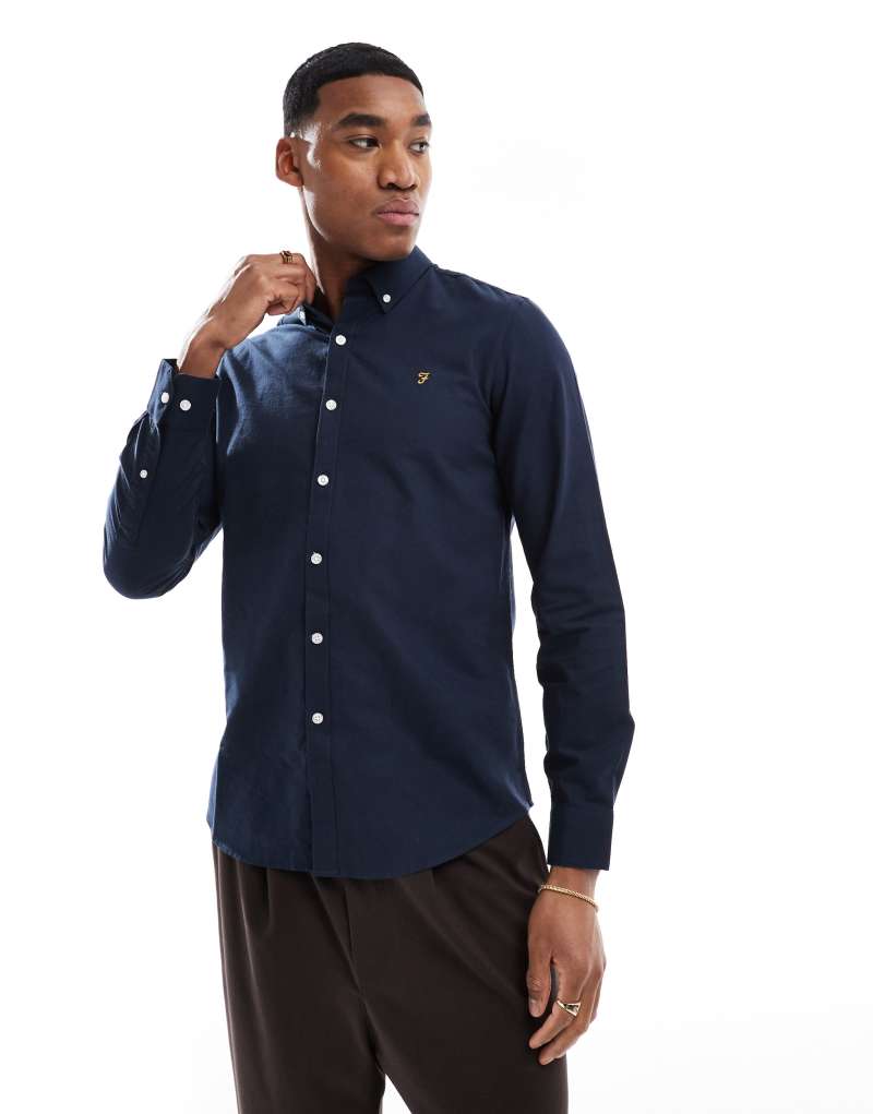 Farah Brewer slim fit long sleeve oxford shirt in navy  Farah