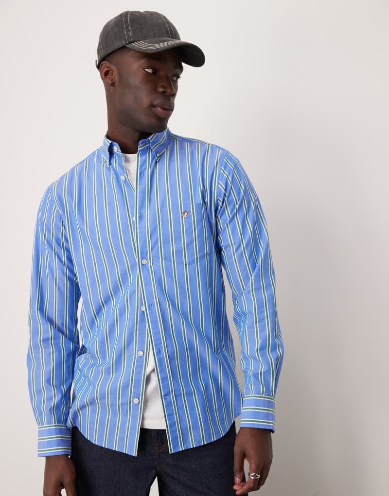 GANT regular fit poplin striped logo shirt in blue Gant