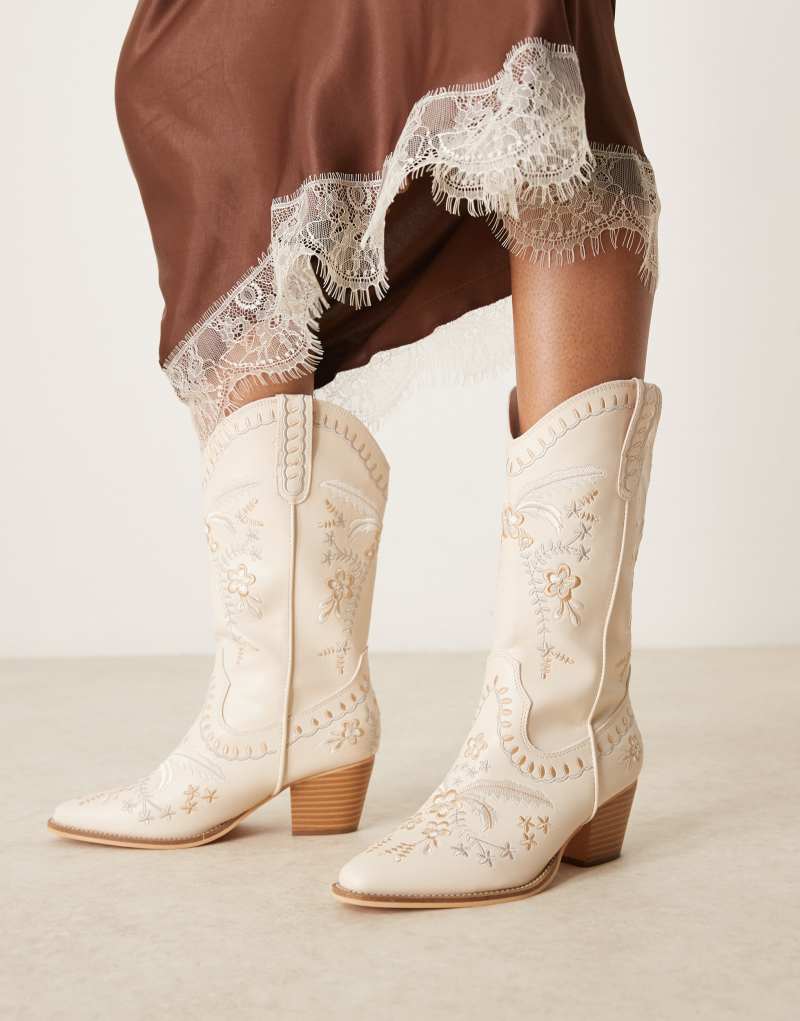 Glamorous Wide Fit embroidered western knee boots in cream Glamorous