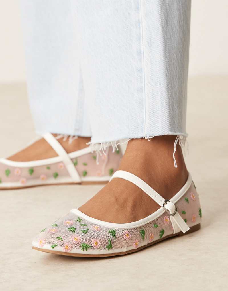 Glamorous mary jane ballet flats in white mesh with floral embroidery Glamorous