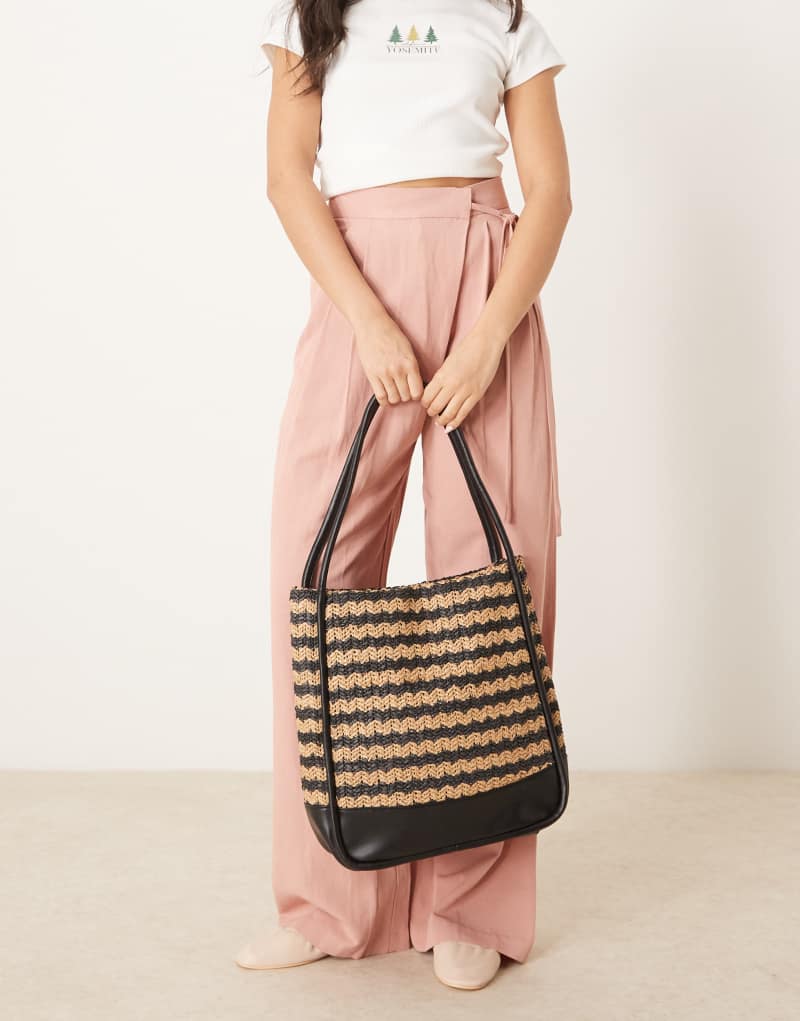 Glamorous striped straw tote bag in black and natural  Glamorous