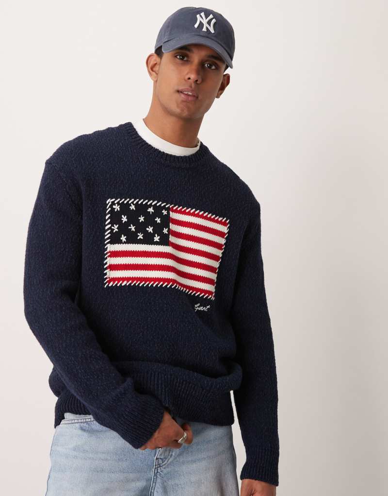 Gant knitted logo flag sweater in navy Gant