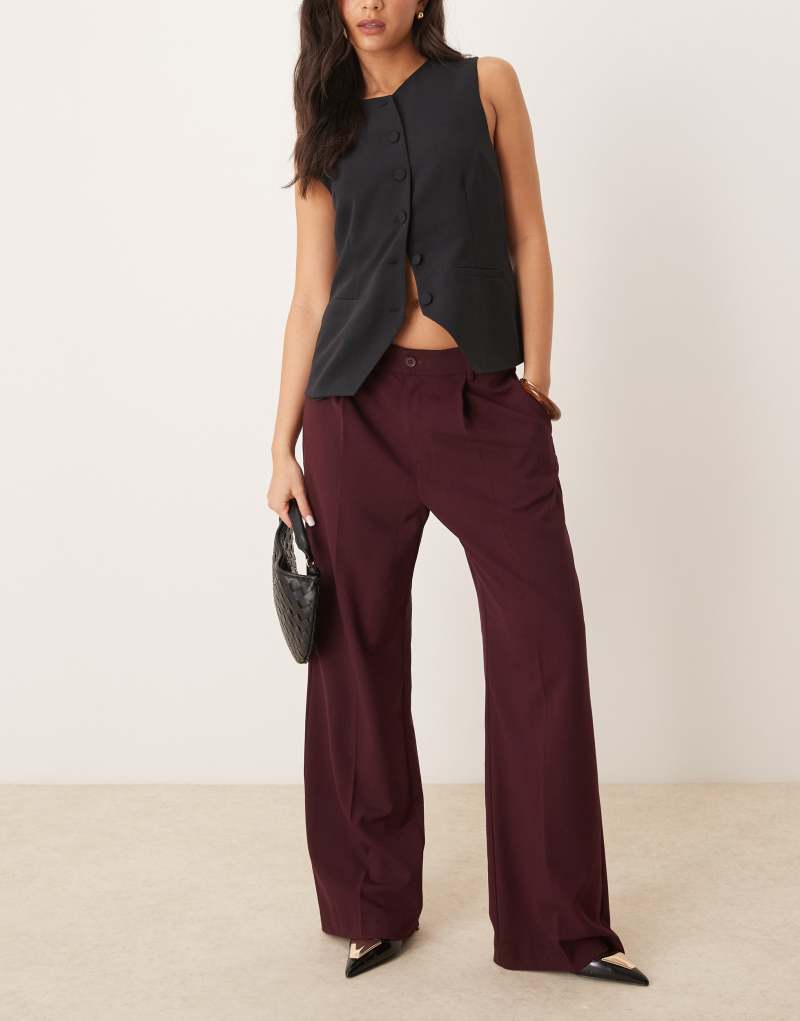 Gina Tricot tailored wide leg pants with pleat front in dark wine burgundy Gina Tricot