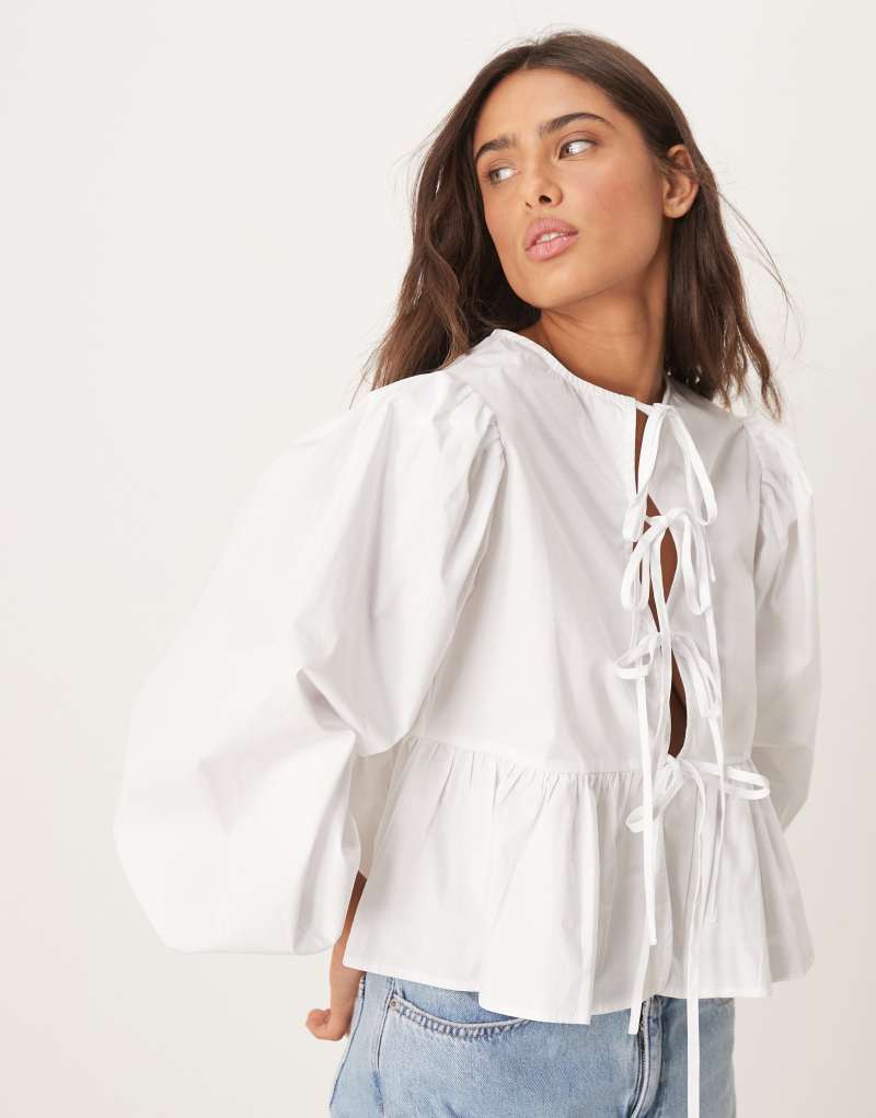 Glamorous bow detail puff sleeve blouse in white Glamorous