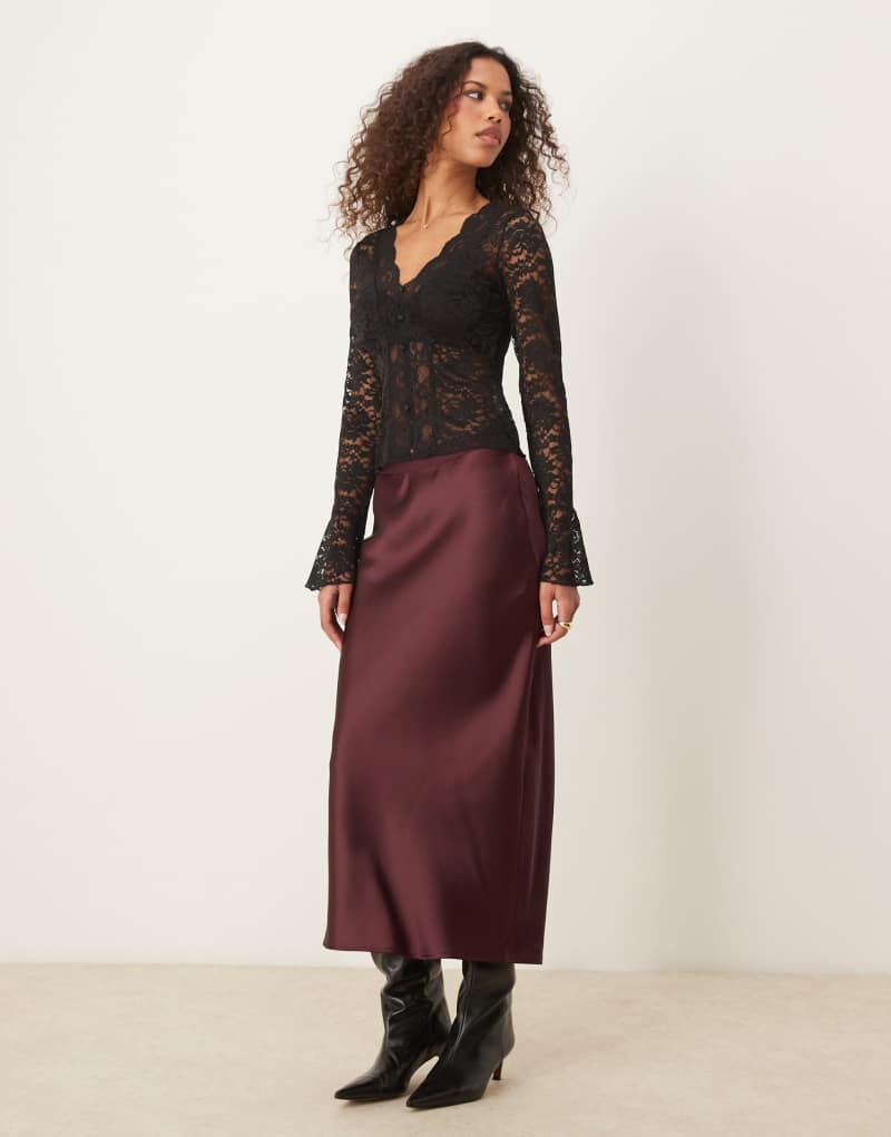 GINA TRICOT satin midi skirt in burgundy Gina Tricot