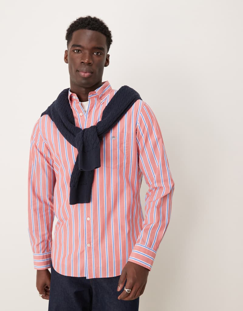 GANT regular fit poplin striped logo shirt in red Gant