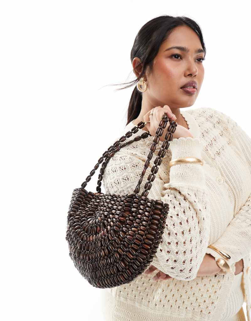 Glamorous beaded half moon shoulder bag in brown  Glamorous