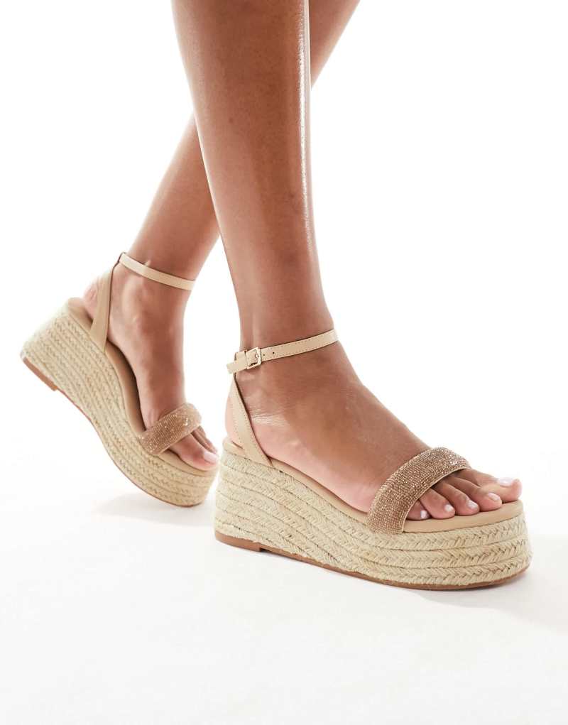 Glamorous Wide Fit espadrille platform heeled sandals in gold diamante Glamorous