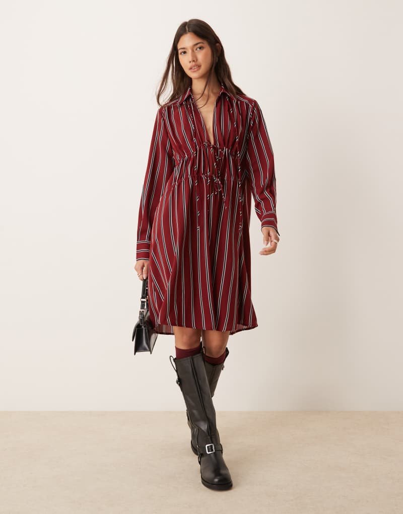 Glamorous smock throw on dress with bow tie front in burgundy navy stripe Glamorous