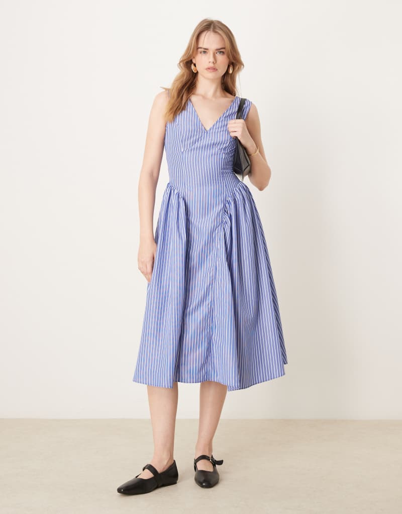 Glamorous v-neck midaxi dress in navy stripe Glamorous