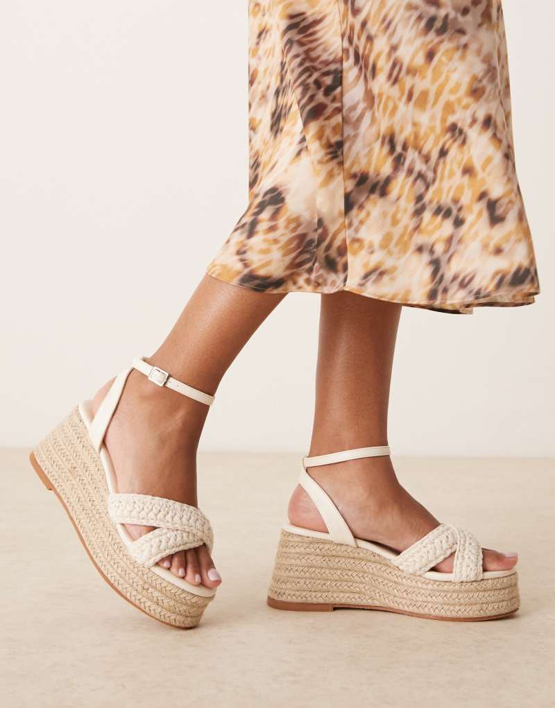 Glamorous Wide Fit espadrilles platform heeled sandals in beige crochet Glamorous