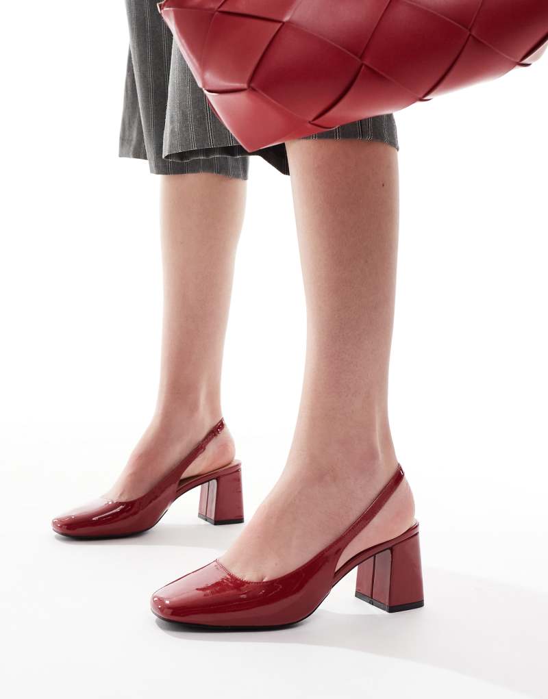 London Rebel Wide Fit sling back block heeled mules in patent red London Rebel