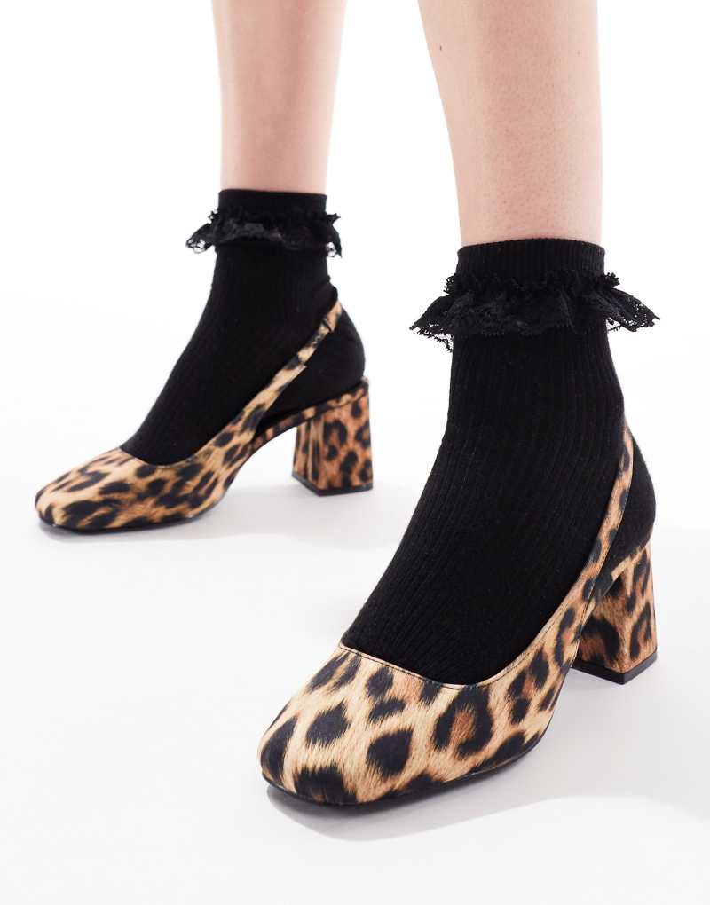 London Rebel slingback block heel mules in patent leopard London Rebel