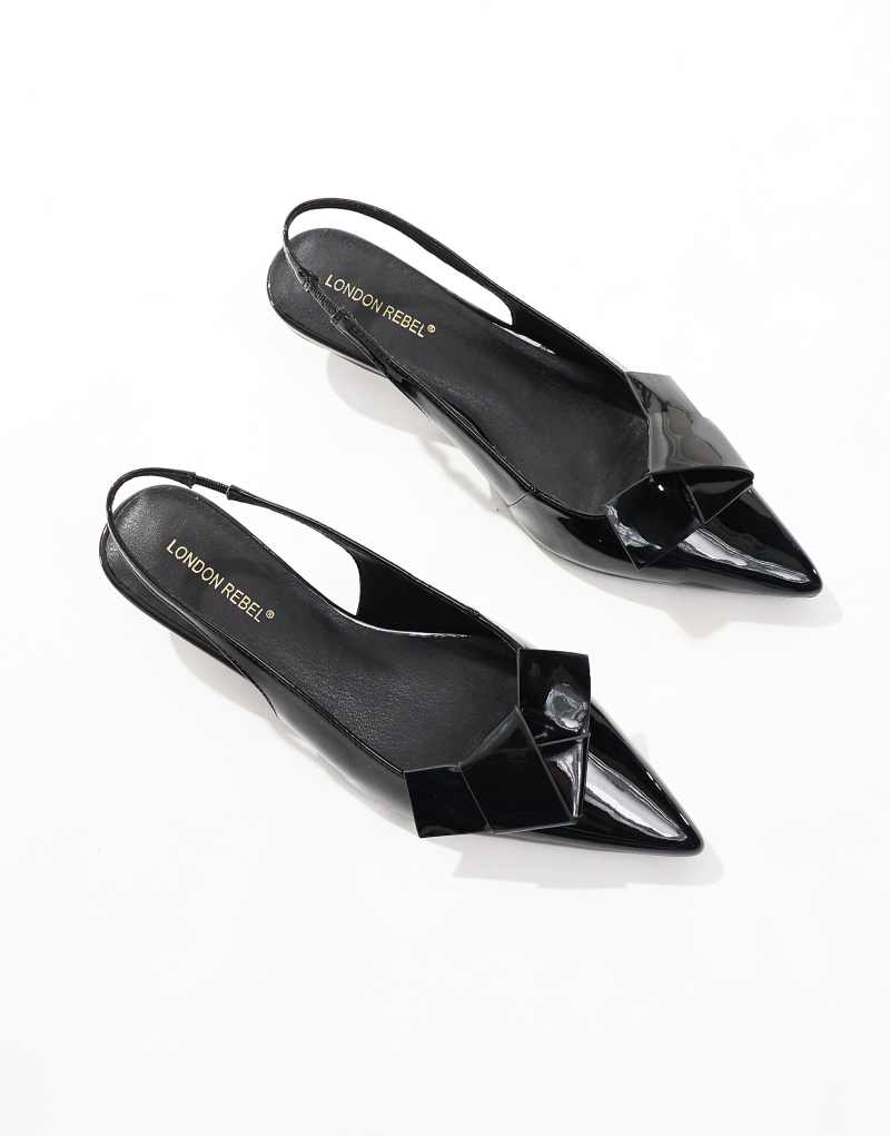 London Rebel bow detail slingback kitten heels in patent black London Rebel