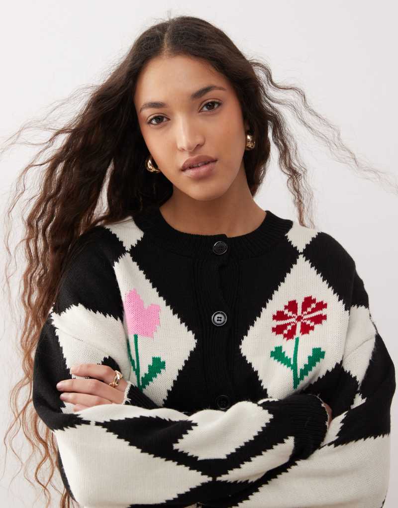 Miss Selfridge diamond & flower crew neck cardigan Miss Selfridge